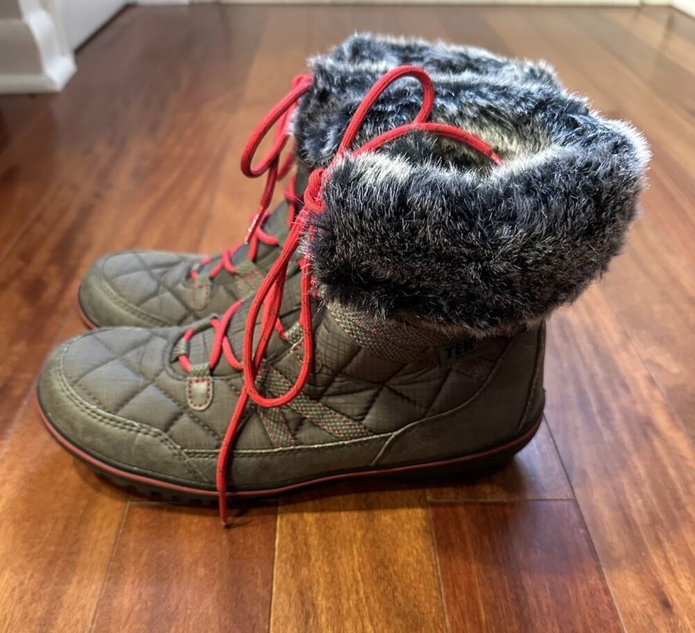 LL Bean Snow Boots Quilted Ankle Tek Waterproof Insulated Women 7 Gray Red Laces